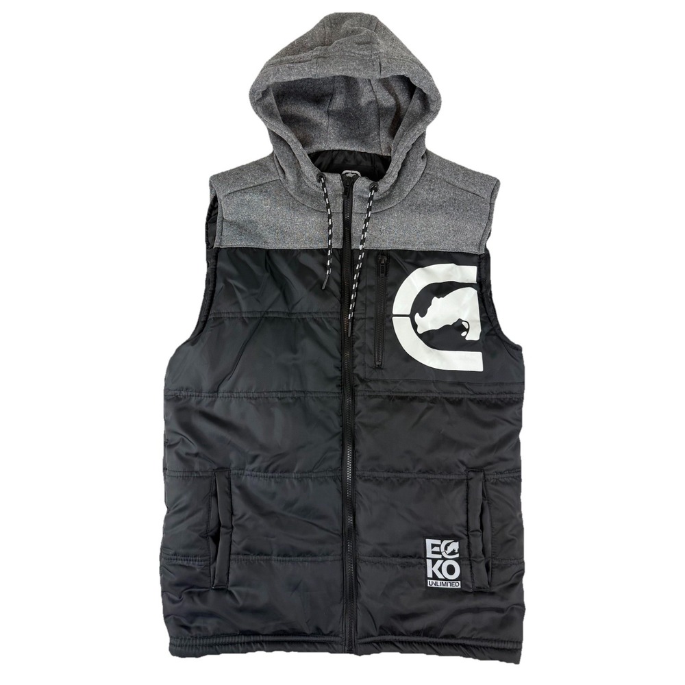 Ecko Unltd Vest Mens Small Black Gray Hooded Sleeveless Jacket